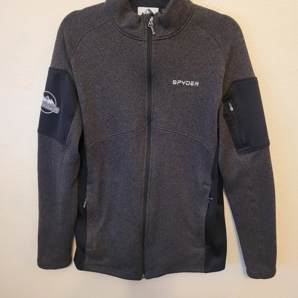 Spyder Men's Large Empire Full Zip Jacket Gray Black w/ Patch & Sleeve Pocket